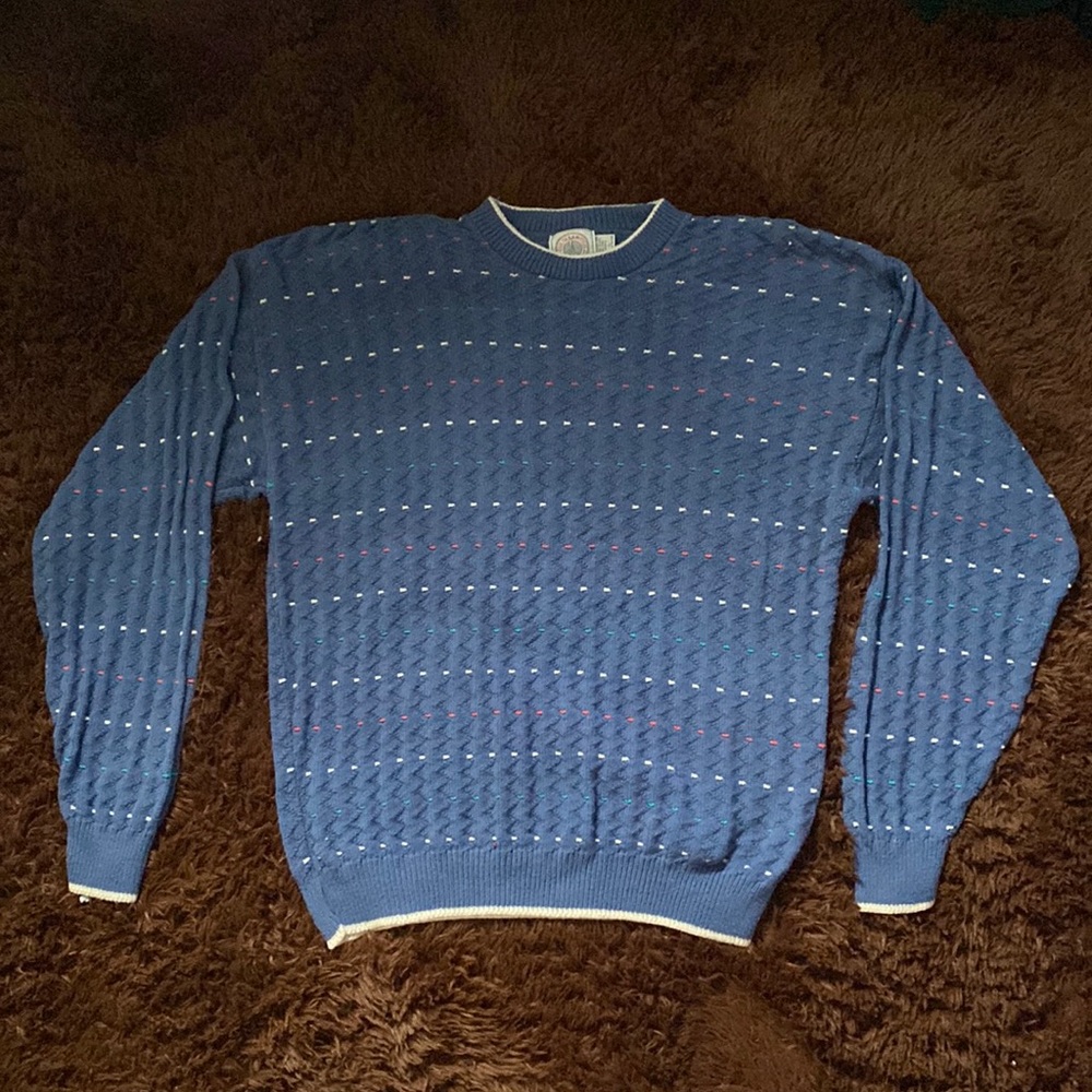 Vintage Chunky Knit Grandpa Sweater Zig Zag All Over Pattern Print Crewneck
